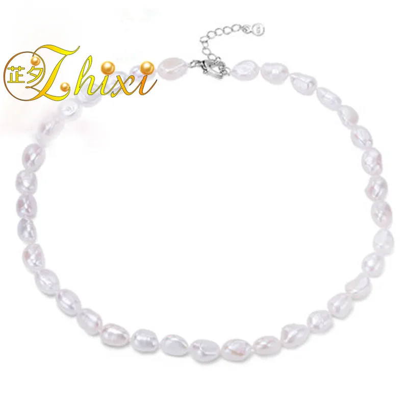 

[ZHIXI] Baroque Pearl Necklaces Fine Pearl Jewelry Natural Freshwater Chokers Necklace Women 9-10mm F003