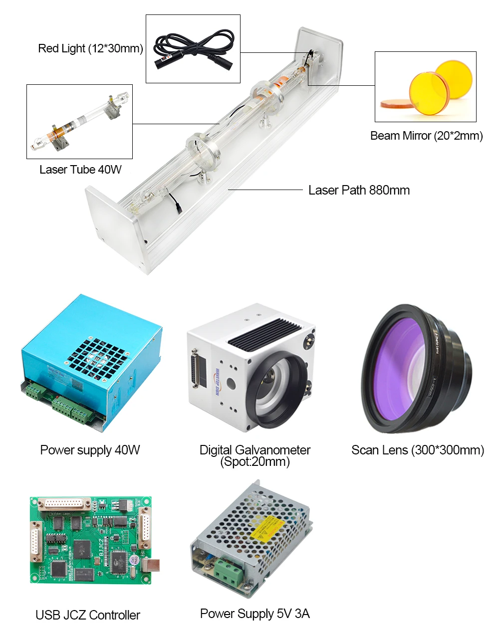 40 Вт CO2 станок для лазерной гравировки лазерный путь + лазерная трубка 40 Вт + зеркало 20x2 мм + красный луч лазер 12x30 мм + блок питания 40 Вт +