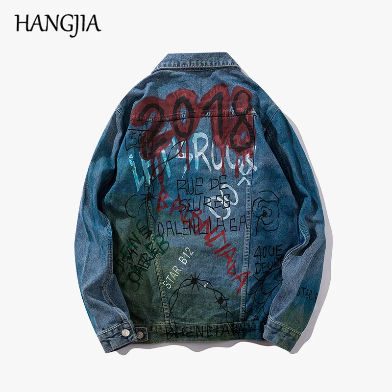 Men's Hip Hop Denim Jackets Streetwear Graffiti Jeans Jacket Men Letter Print Loose Urban Jackets and Coats Turn-down Collar Men's Hip Hop Denim Jackets Streetwear Graffiti Jeans Jacket Men Letter Print Loose Urban Jackets and Coats Turn-down Collar