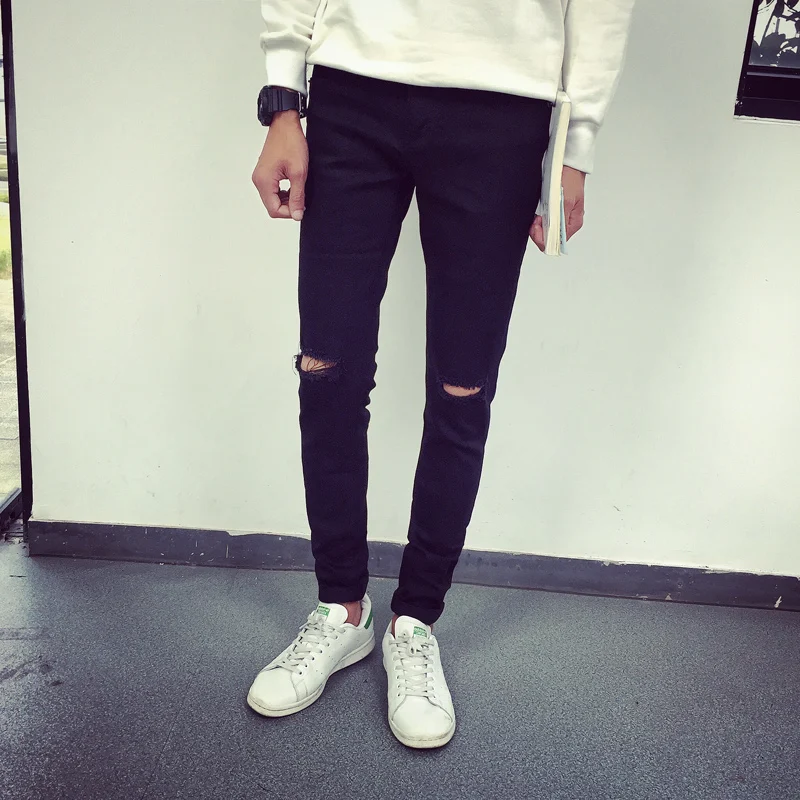 Jeans Men 201 Brand New Those Days Knee Ripped Hole Casual Skinny Solid