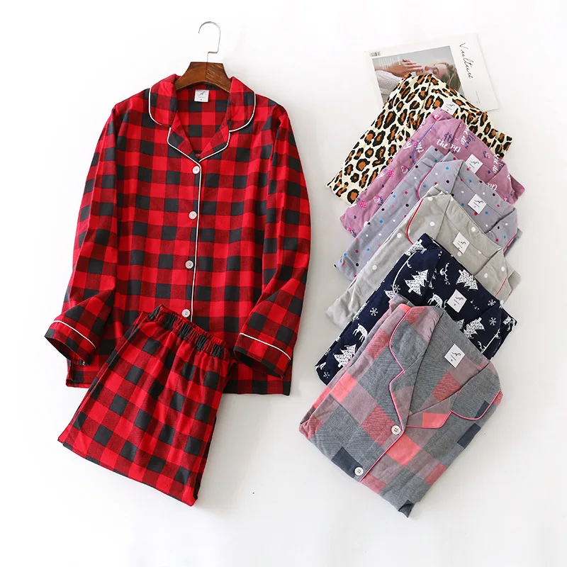 

Women Autumn 100% Cotton Pajama Suit Long Sleeve Lovely Casual Plaid Korean Loose Cartoon Home Suit Plus Size Pajamas Set
