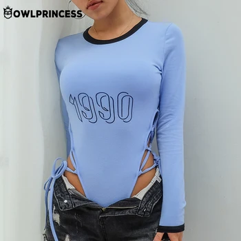 

OWLPRINCESS Side Bandage Slim Sexy Women Bodysuits Long Sleeves Number Print Hollow Out O Neck Jumpsuits Bodycon Skinny Rompers