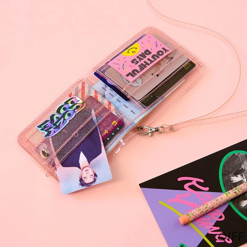 Transparent ID Card Holder PVC Folding Short Wallet Fashion Women Girl Glitter Business Cards Case Purse with Lanyard Sum