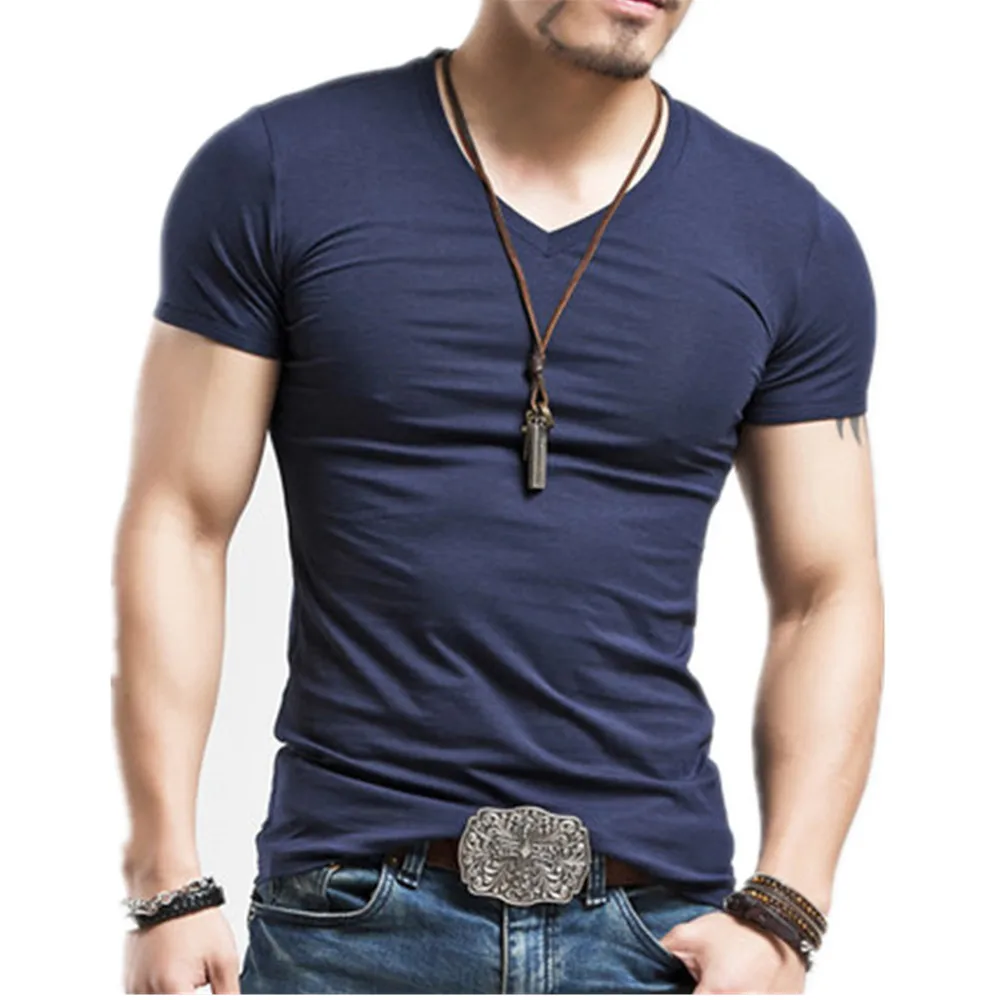 Elastic Casual V Neck Men T Shirts