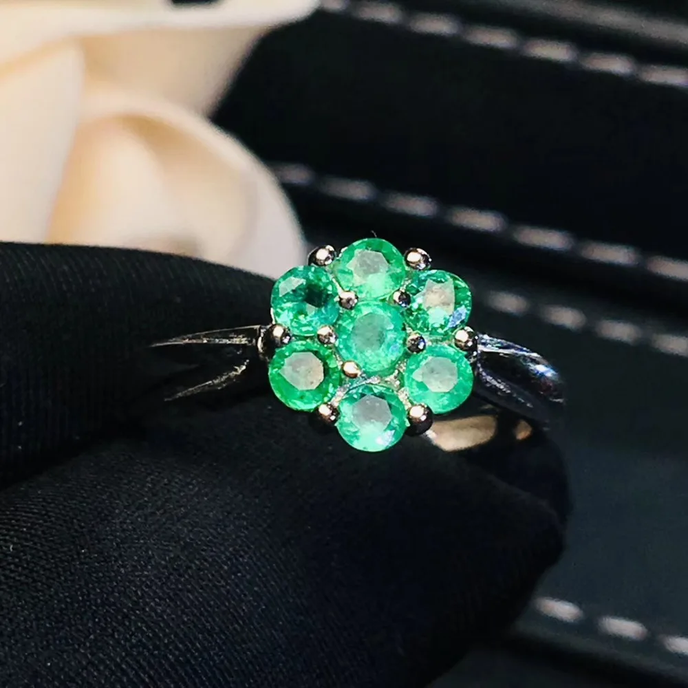 

Flower Ring Emerald ring Free shipping Natural real emerald 925 sterling silver 3mm 7pcs Fine jewelry