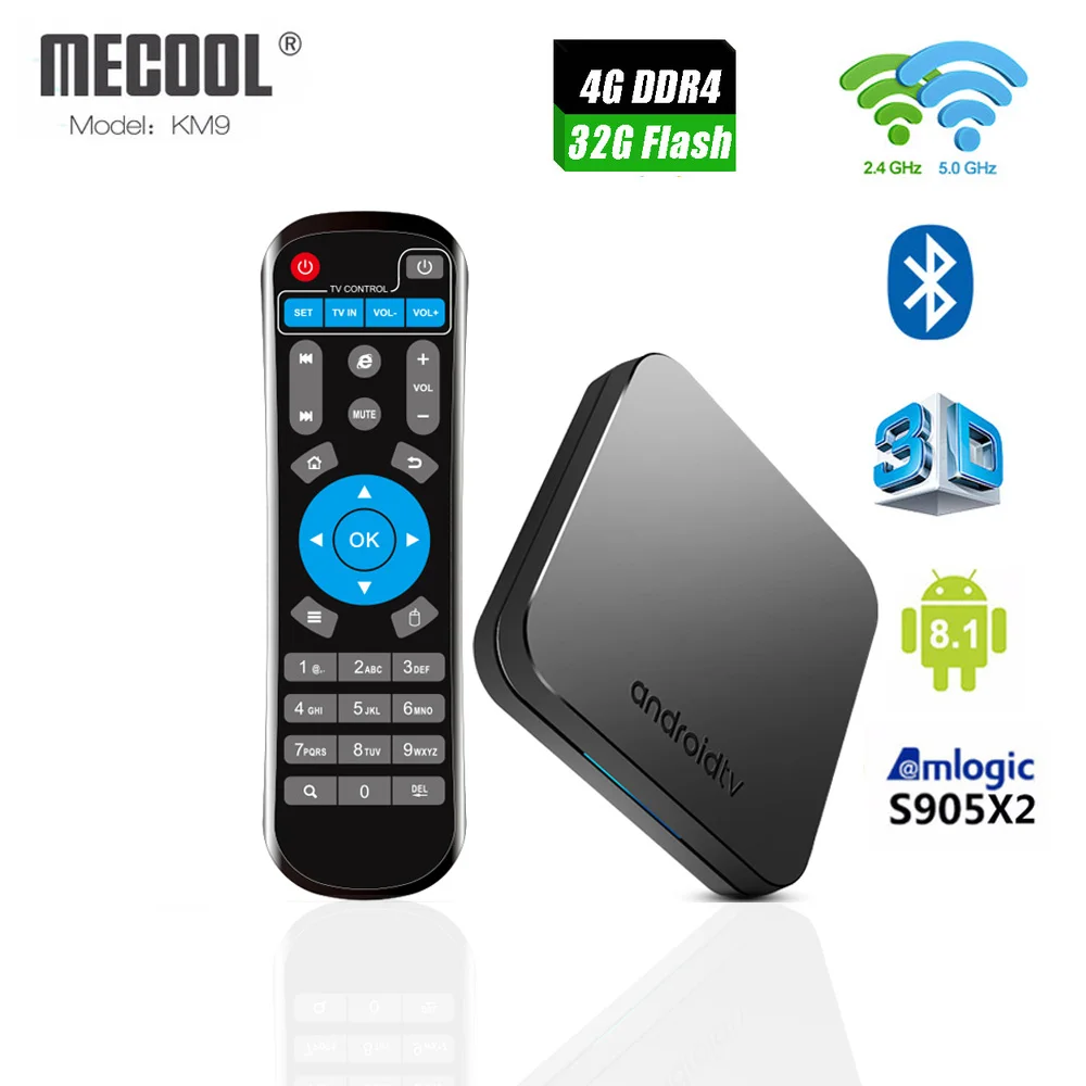 

Android 9.0 TV Box MECOOL KM9 4GB RAM 32GB Amlogic S905X2 Quad core 1080P H.265 4K 2.4G/5GHz Dual WIFI Set top box