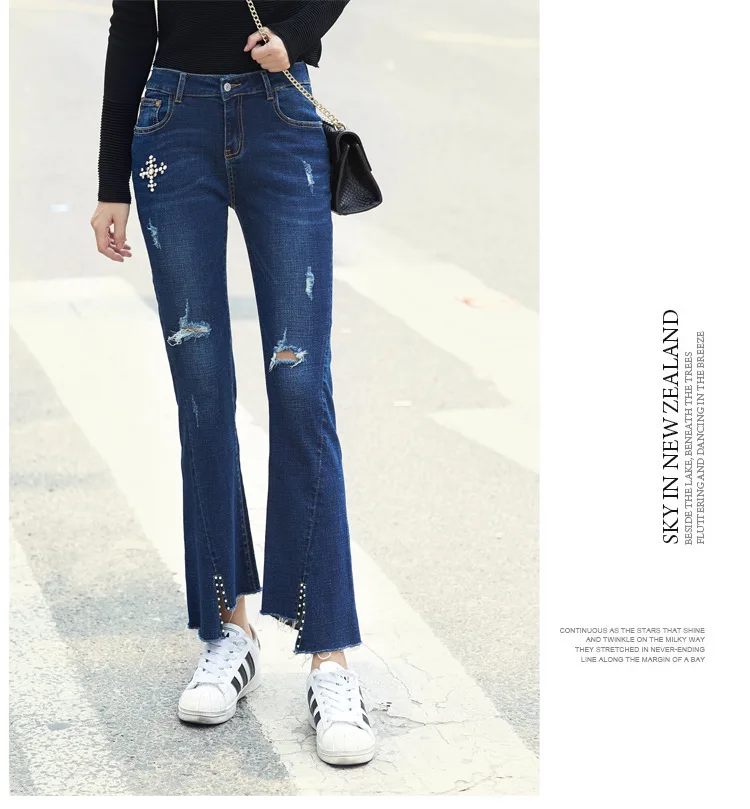 2018 г. Ограниченная серия расклешенные брюки для женщин джинсы для эластичные Высокая талия расклешенные джинсы вырезать модные Джинс