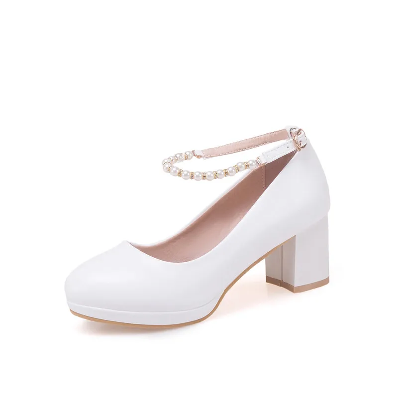 YMECHIC/ г.; модные белые свадебные туфли mary jane с ремешком на щиколотке, Украшенные бусинами; женские офисные туфли на квадратном каблуке размера плюс