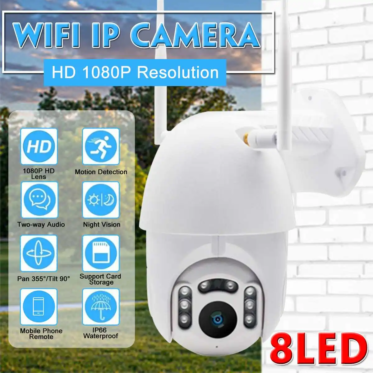 8 LED Outdoor Waterproof 1080P IP Camera Wireless Camera WiFi 1080P HD Security Night Vision PIR WiFi Camera