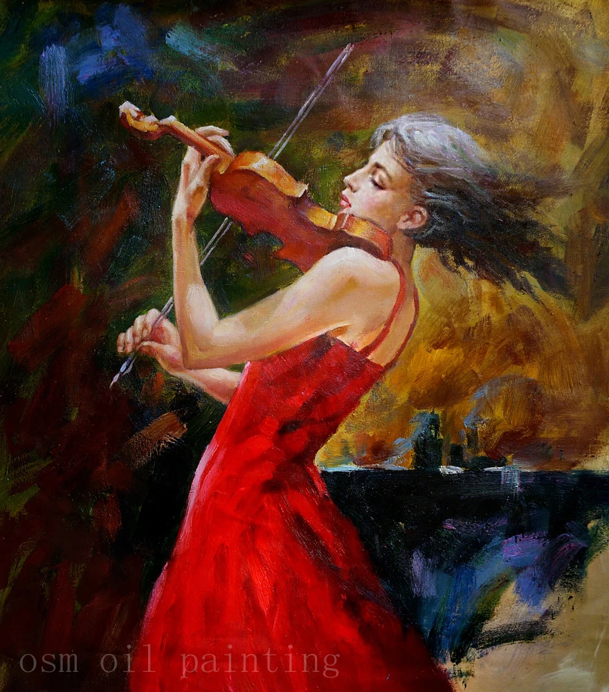 

High Skill Hand Painted The Girl Portrait Oil Painting on Canvas Handmade Sexy Lady Play the Violin in Red Dress Wall Painting