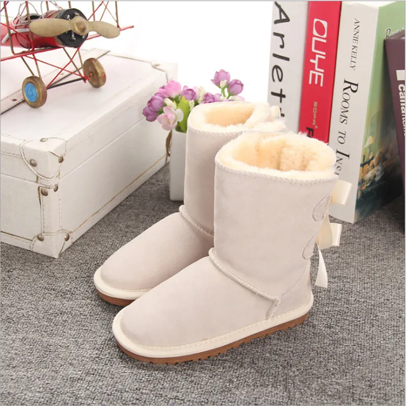 Обувь для девочек в австралийском стиле; детские зимние ботинки с милым бантом сзади; водонепроницаемая обувь без шнуровки; детские зимние ботинки из коровьей кожи; бренд Ivg EU21-34 - Цвет: 005