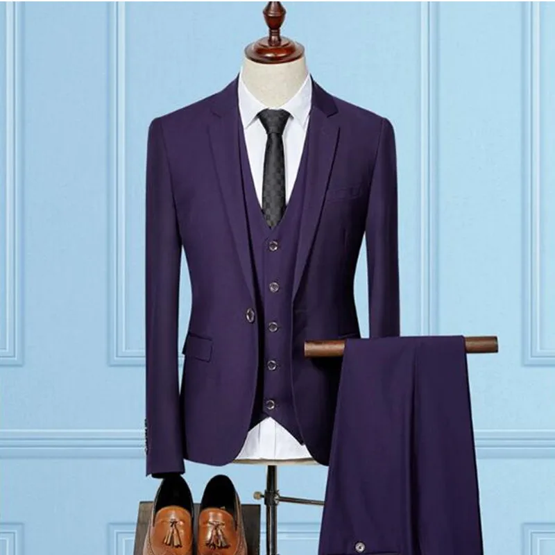 Фиолетовый мужской костюм смокинг жениха Slim Fit Bespoke мужские костюмы для свадьбы выпускного вечера Классические формальные блейзеры пиджак брюки жилет комплект из 3 предметов