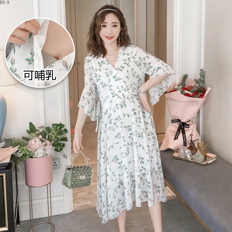 

New Pregnant Dress Short Sleeve Women 2019 Summer Chiffon Dresses Breastfeeding Skirt Printed Flower Maternity Nursing Dresses