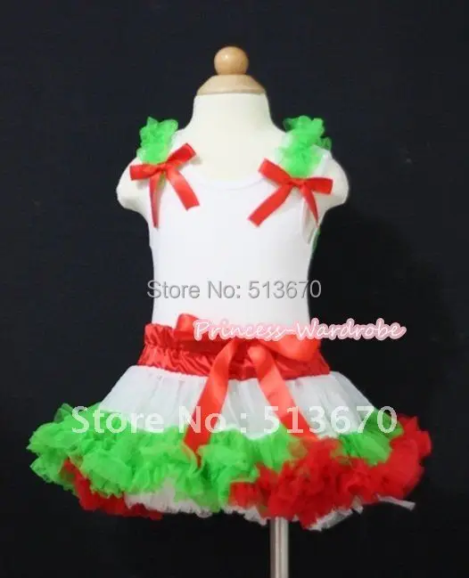 

White Tank Top with Dark Green Ruffles and Hot Red Bows & X'Mas Hot Red White Dark Green Pettiskirt MAMN086