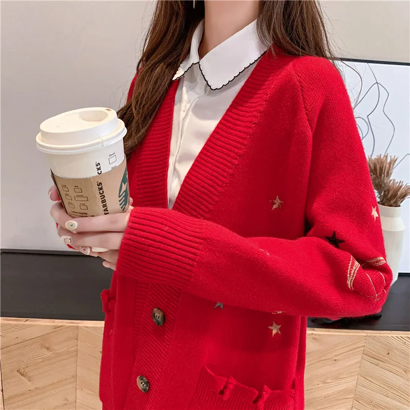 

Fashion Woman Oversized Cardigan Sweater Star Pattern Embroidery Knitwear Loose Knitted Sweaters Women Daily Cardigans White Red