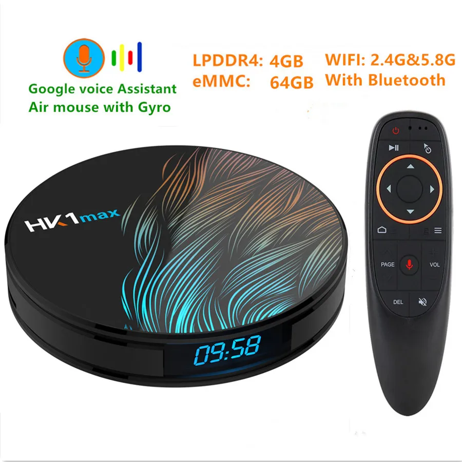 HK1 MAX Android 9,0 ТВ коробка 4K Youtube Google Assistant, 4 ГБ, 64 ГБ, 3D видео ТВ приемник Wi-Fi, Play Store, set top tv BOX