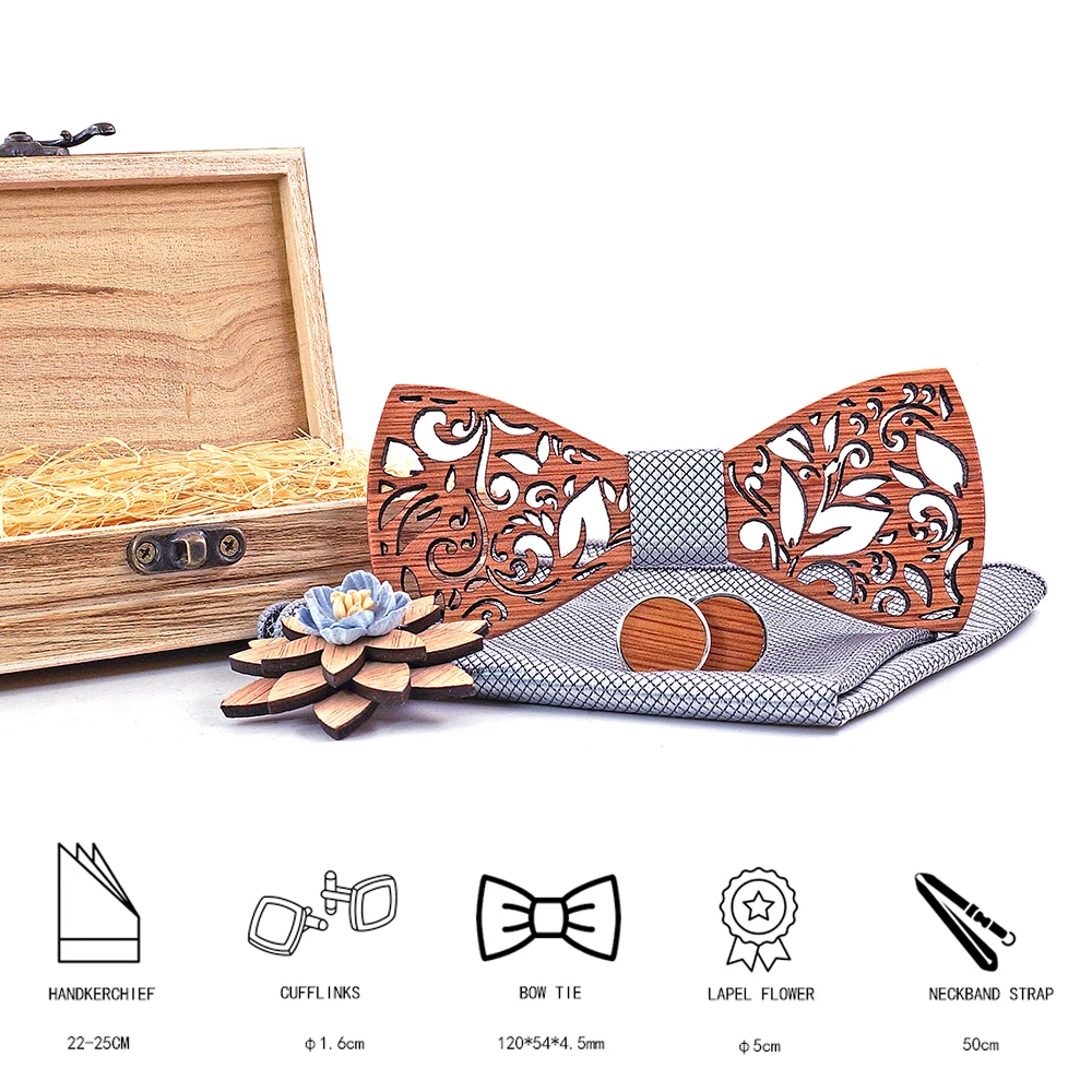  Wood BowTie Handkerchief Set Men's wooden Bowtie with cufflinks Floral design wood Box Fashion Nove