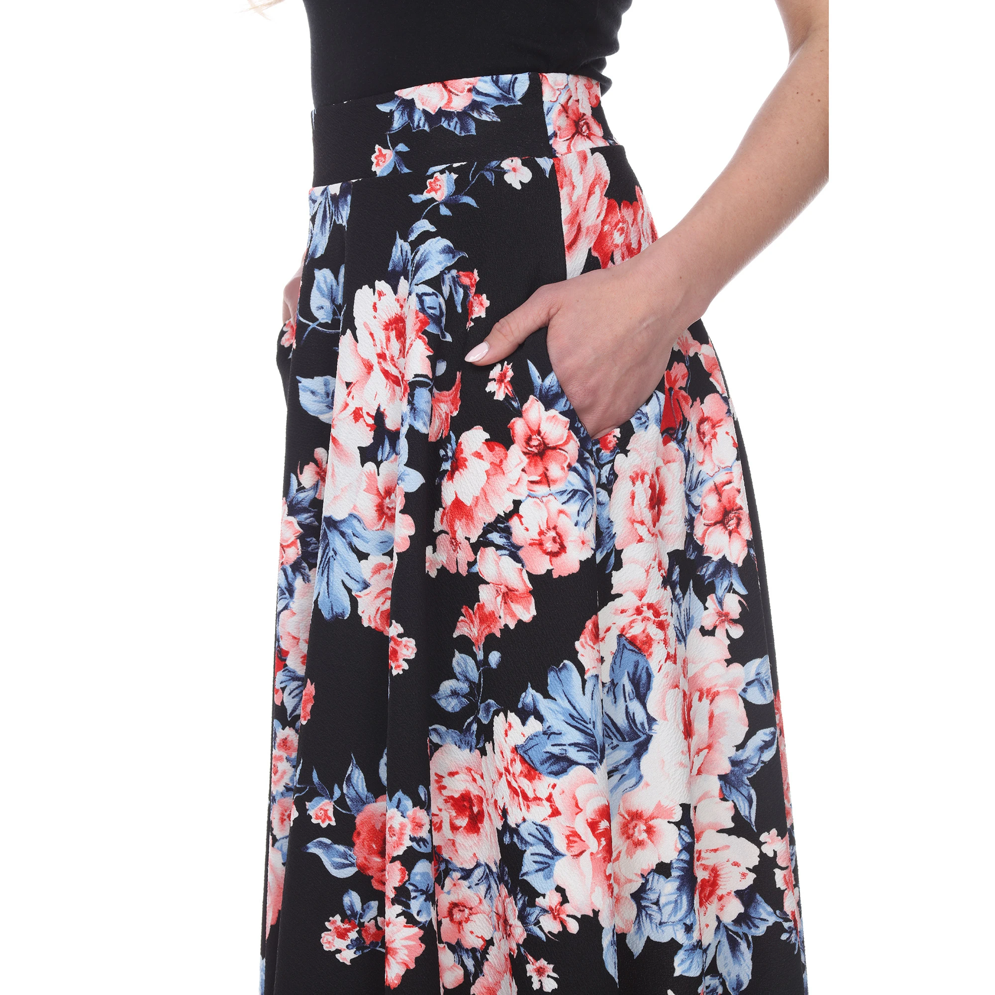Floral Midi Skirt with Pockets - Black (3)