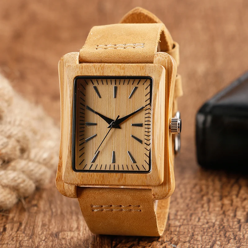 Minimalist Creative Wooden font b Watch b font Modern Mens Rectangle Dial Bamboo Leather Band Nature