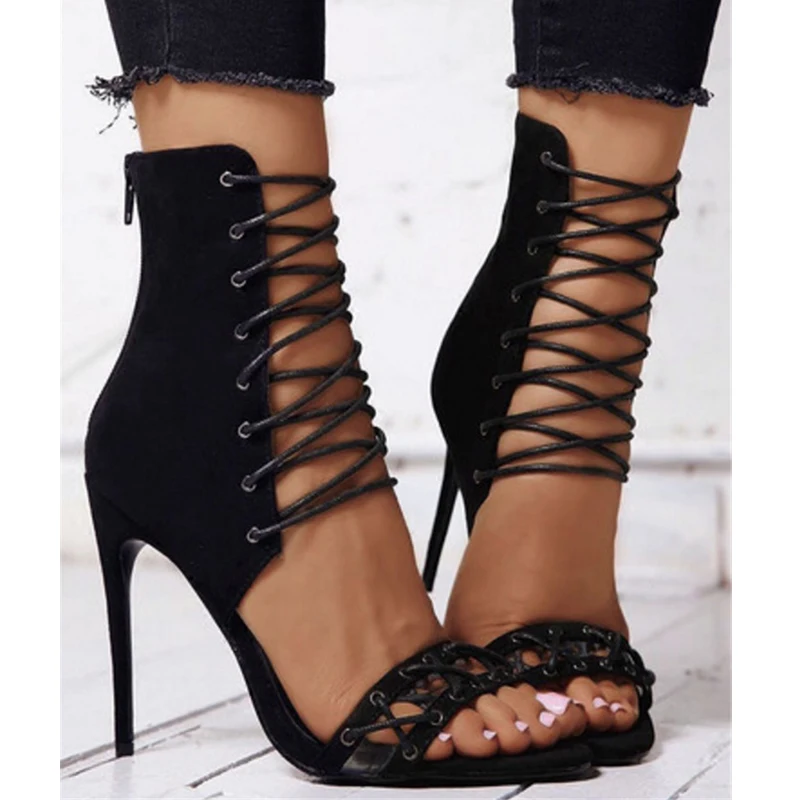 

Jookrrix 2018 Rome Style New Summer Fashion Brand Girl Sandals High Heel Black Shoes Women Gladiators Sexy Lady Cross-tied Black