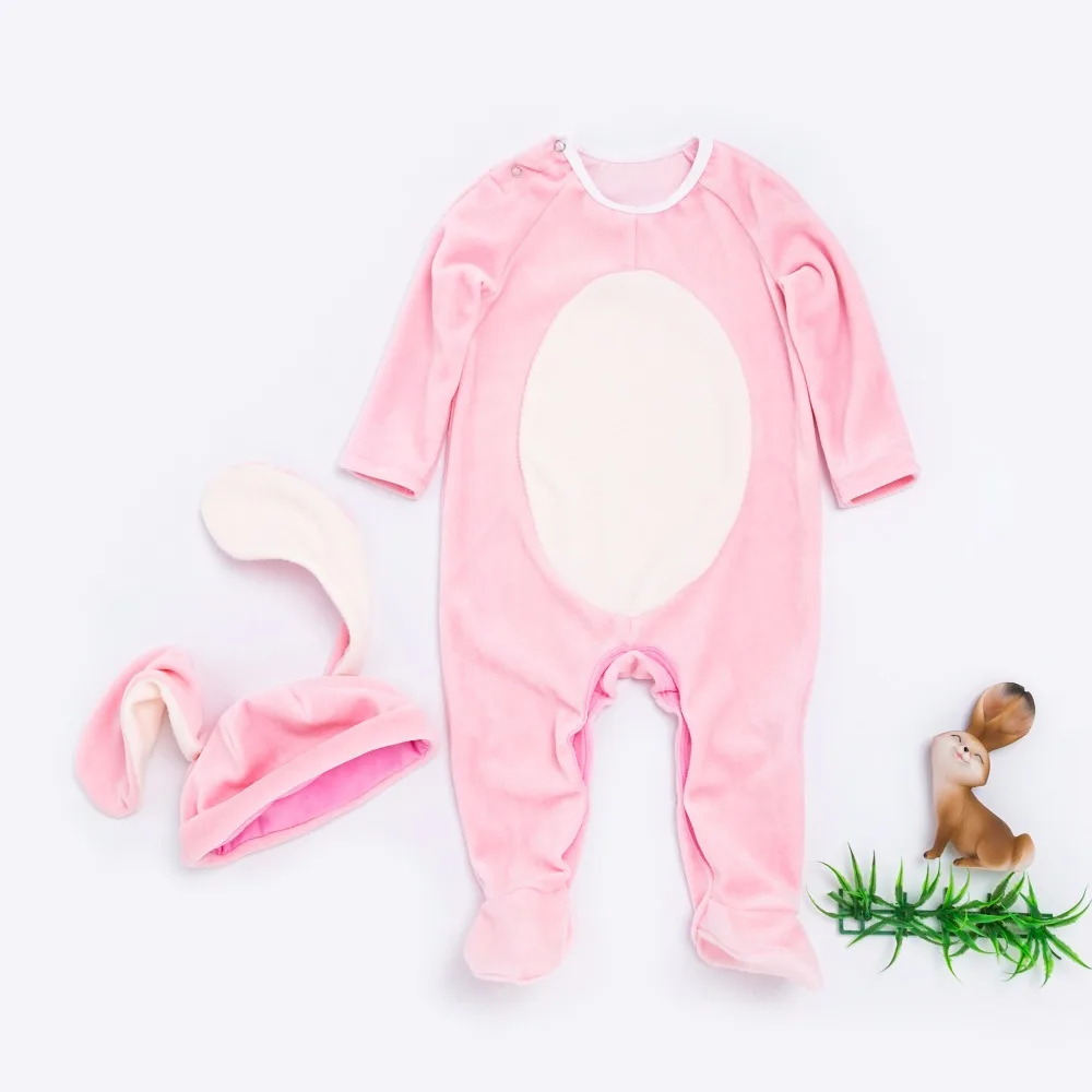 

0-24M Infant Footies Newborn Baby Girls Spring Clothes Suit Velvet Bunny Character Clothing Baby Girls Autumn Jumpsuits+Hat Sets
