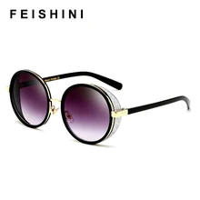 FEISHINI Gothic Steampunk Round Sunglasses Mujer Mirror Sunglasses Fashion Sun Glasses For Women Vintage Oculos Female Shades