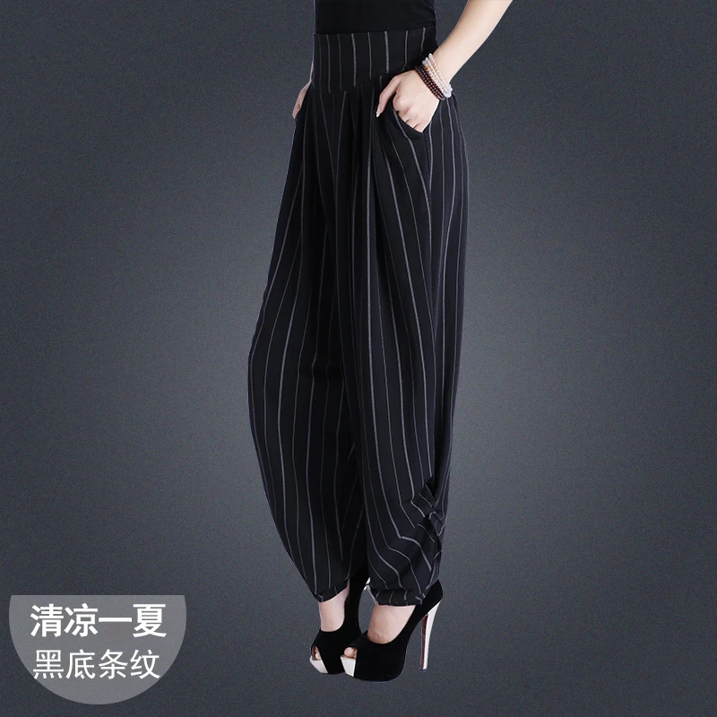 

summer runway leisure harem glare high waist loose striped wide leg pants lady clothing printing retro trousers size M-3XL