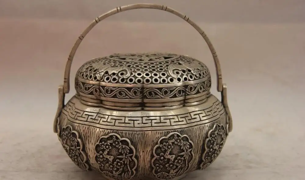 

China White Copper Silver Buddhism Plum Bat chiropter Incense Burner Censer