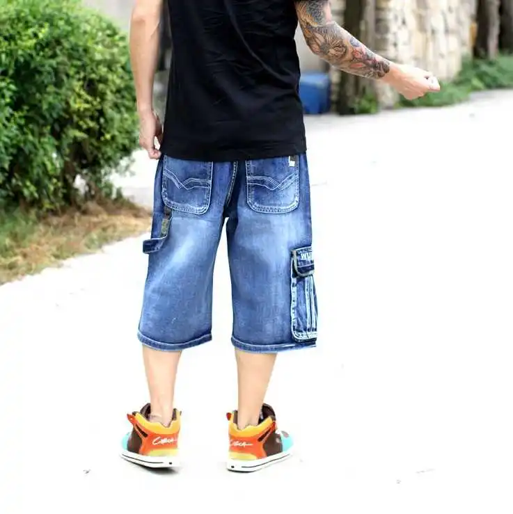 Джинсовые Капри размера плюс, штаны для скейтборда с несколькими карманами, Капри, свободные короткие джинсы, 3XL, 4XL, 5XL, 6XL, большой размер