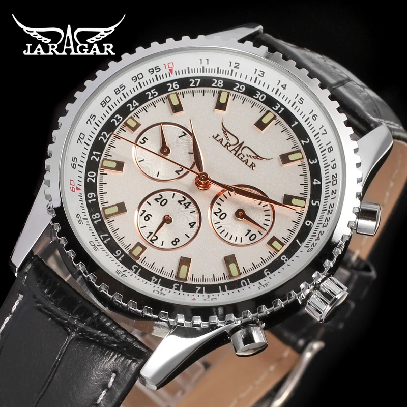 

Jargar new Automatic wristwatch silver color for men with black leather strap shipping free JAG6034M3S1