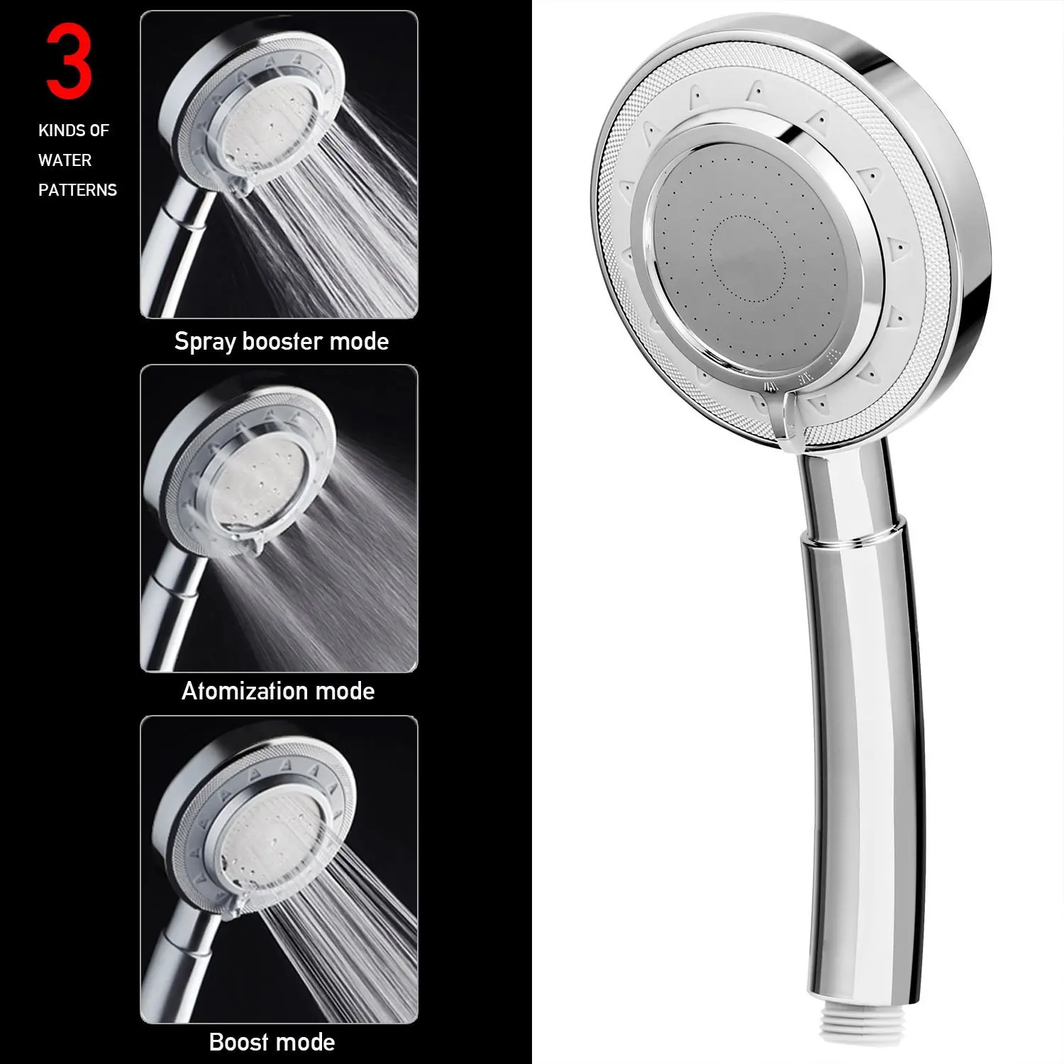 

Water saving Shower head High Pressure Boosted Bathroom Handheld Showerhead Shower 3 Spray Settings with Stainless Steel Plated