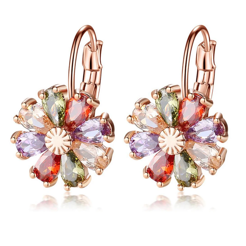 

Brand Fashion Rose Gold color Earrings Colorful CZ Zircon Flower Hoop Earrings For Women Silver color Jewelry