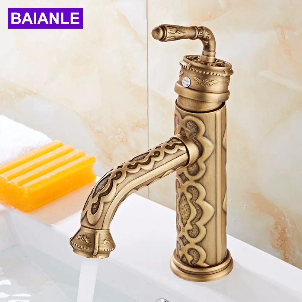 Antique Carve Brass Basin Faucet Single Handle Bathroom taps antique