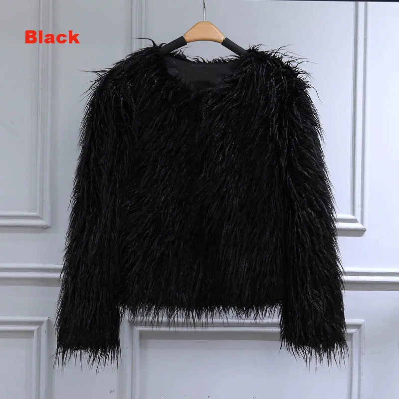Женские зимние куртки, пальто, Монгольская овца, искусственный мех, черная пушистая куртка, пальто, утолщенная, теплая, с длинным рукавом, роскошная, меховая верхняя одежда - Цвет: black