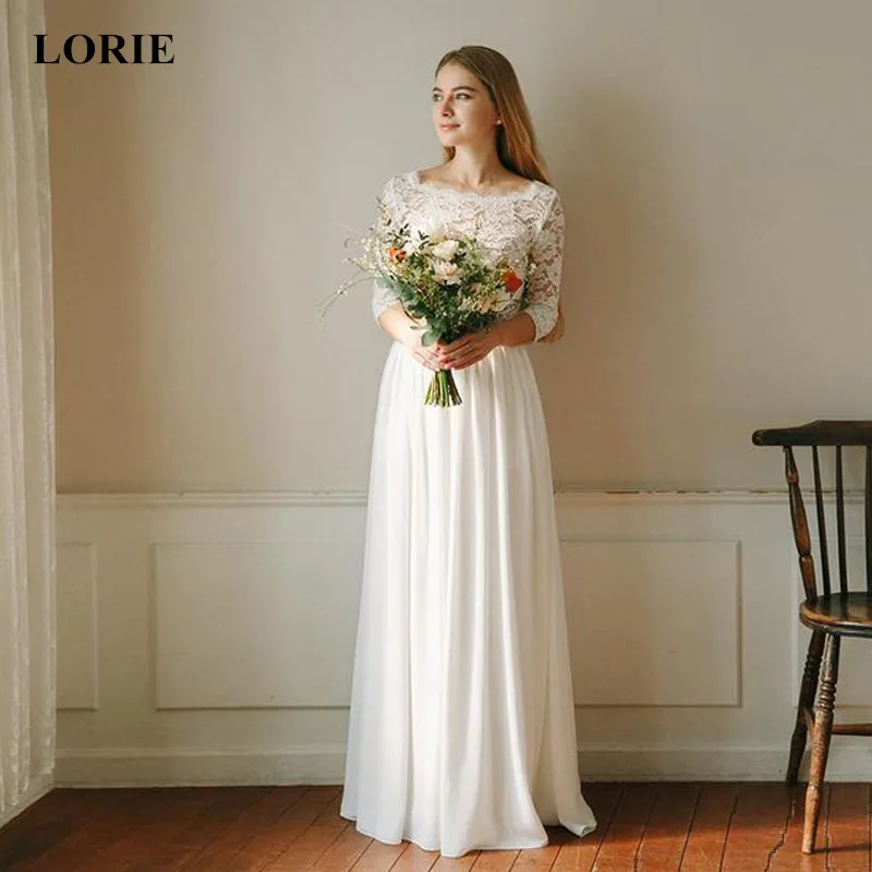 

LORIE 2019 Chiffon Lace Appliques Two Pieces Wedding dress Illusion Long Sleeve vestido de casamento White Ivory bride dress New