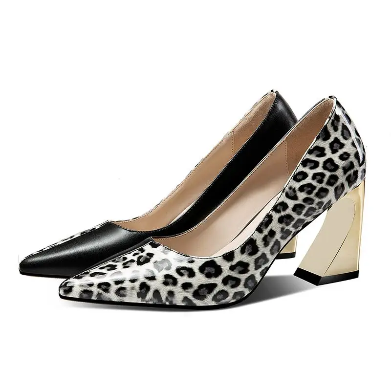 ALLBITEFO Leopard Print genuine leather women high heels pointed toe fashion sexy high heel shoes girls party heel women shoes