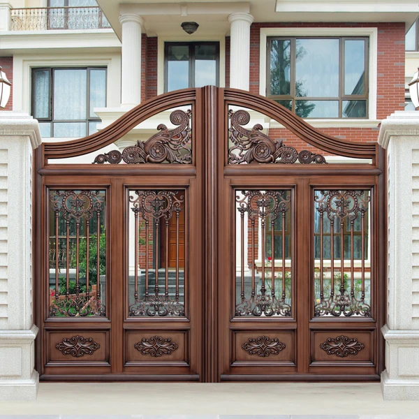 luxury light brown color villa outside gate, security aluminum doorin