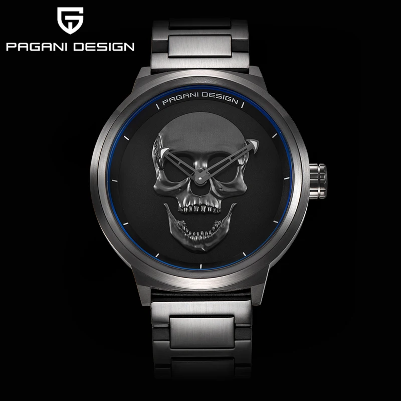 

PAGANI brand design punk skull 3D personality watch large dial retro design men's fashion quartz waterproof watch steel watch