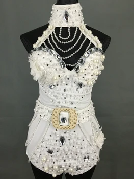 

Nightclub White Crystals Female Bodysuit Stage Wear Dance Outfit Jazz Dancing One-piece Costume Fashion Club Female Singer Wear