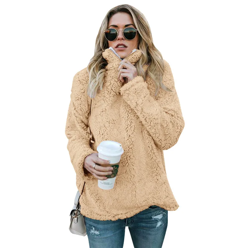 2018 Winter Sweaters Sherpa Pullovers Fleece Fluffy Hooded Sweater Zipper Collar Loose Pullover Women Casual Clothing