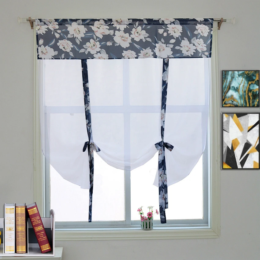 

Fashion Home Decor Flowers Printing Stitching Color Voile Roman Blinds Sheer Living Room Balcony Kitchen Wave Curtain