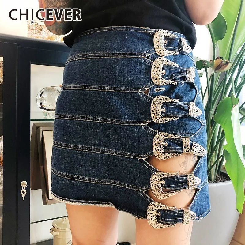 

CHICEVER Summer Streetwear Hollow Out Blue Denim Women Skirt High Waist Patchwork Button Mini Straight Female Skirts 2019 Tide
