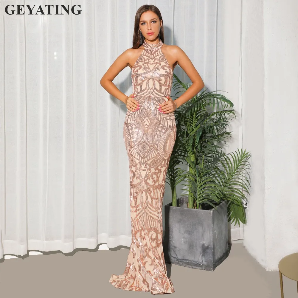 Arabic Gold Sequins Mermaid Evening Dress Long 2019 Elegant Off Shoulder Halter Women Formal Dress Party Prom Dresses in Stock