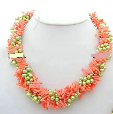 

Fast SHIPPINGBeautiful! 4Strds Green Akoya Pearl&Coral Necklace