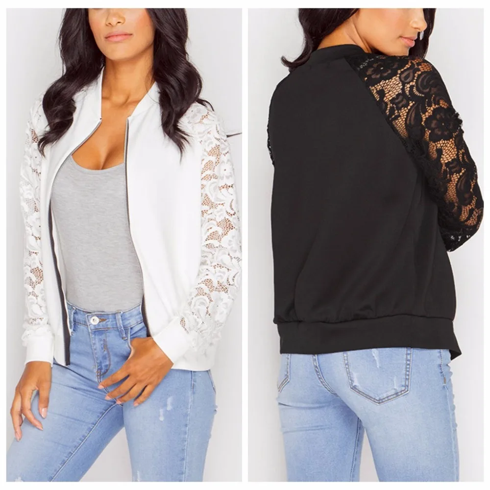 Weweya Casual Zipper Women Jacket Long Sleeve Vintage Hollow Lace Short Jackets Sexy Stand