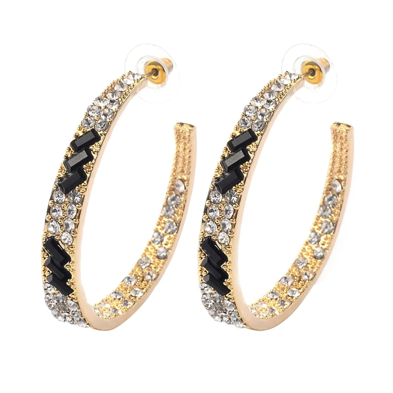 

DANZE Fashion Crystals Black Square Bead Pattern Open Hoop Earrings For Women Rhinestone Silver Gold Color Metal Circle Earring