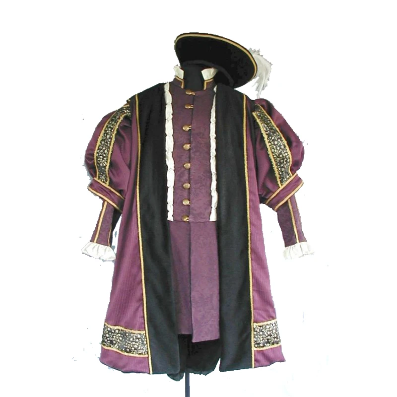 

King henry Tudor Period Medieval Men cosplay purple outfit lord king Men's Costumes tudor tunic coat hat