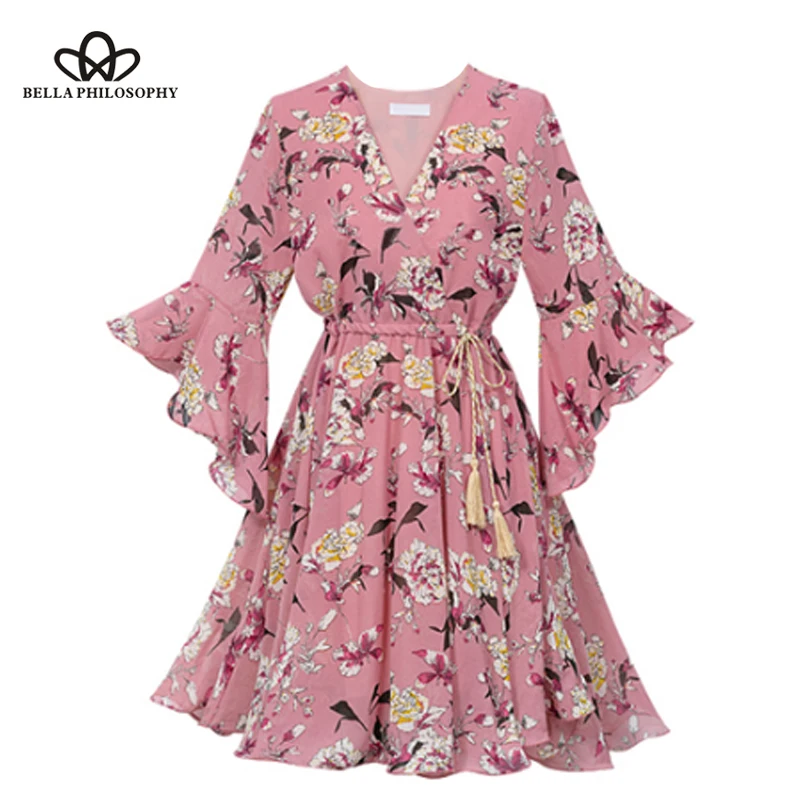 Wonder 2018  New Fashion Elegant Chiffon Dress V-Neck Ruffle Sleeve Ladies Robe Vintage Print Beach Dress Plus Size 5XL Vestidos