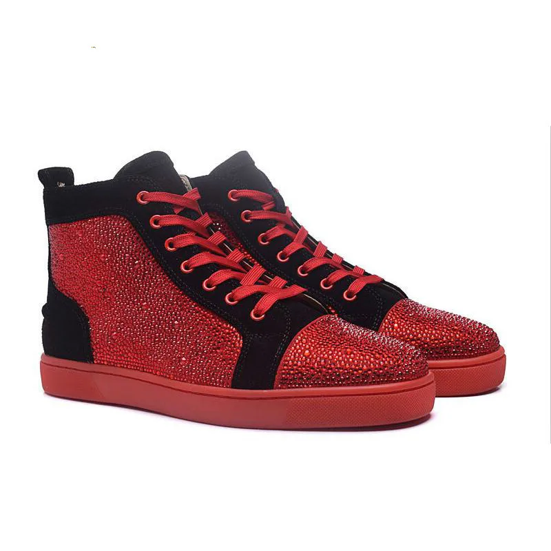 Men Designer Shoes Unisex Bling Blue Glitter Spike Studs Red High Top Bottom Brand Fashion Luxury Boots Outdoor Casual Shoes Men