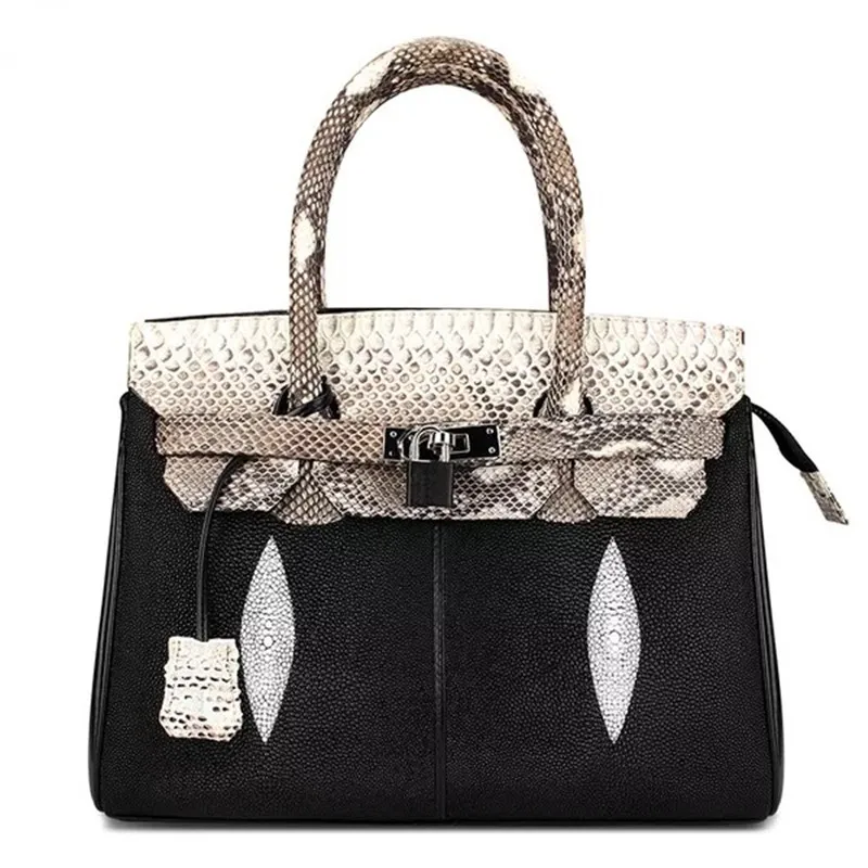 

Fashion Luxury Brand Designer Genuine Stingray Skin Leather Women's Handbag High Quality Exotic Snakeskin Ladies Top Handle Bag